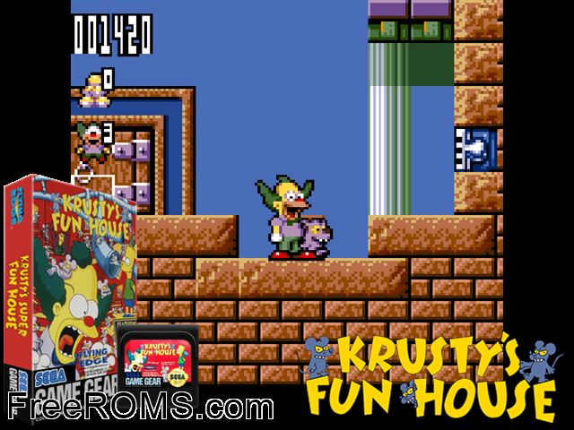 Krusty's Funhouse Game Gear game showing 3D box cover and gameplay screenshot